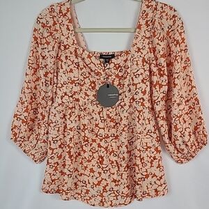 NEW Mittoshop Women's Maude Tangerine Floral Cinched Blouse Baloon Sleeve Sz S